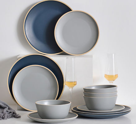 Gufaith Melamine Dinnerware Set,Plate and Bowl Set,Dish Set per 4,Outdoor Dinnerware Set,Blue and Grey Color,Modern